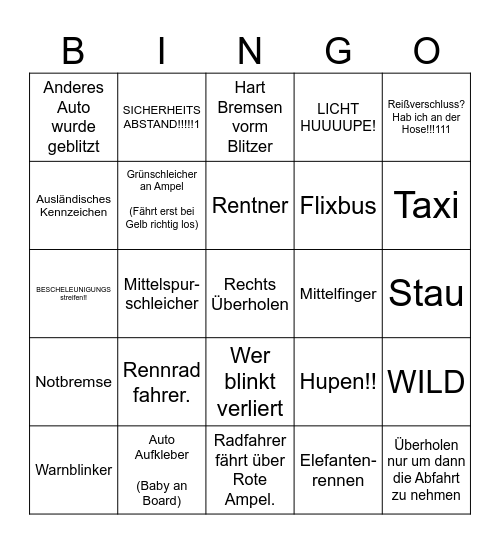 Autofahren muss gelernt sein. Bingo Card