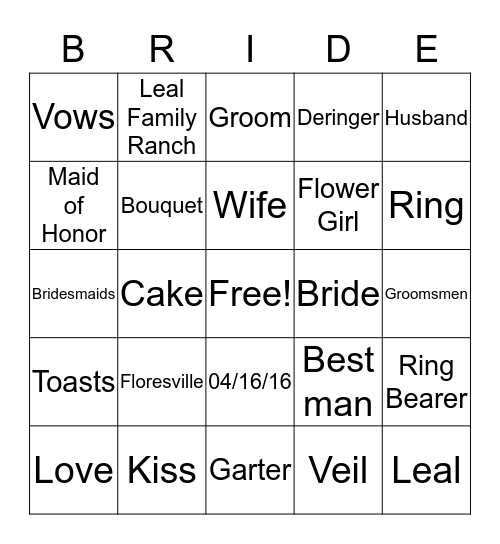 Julissa's Bridal Shower Bingo Card
