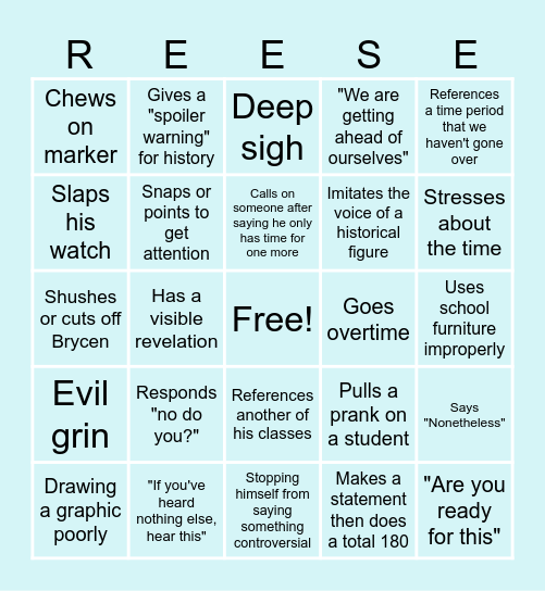 Mr. Reese Bingo Card