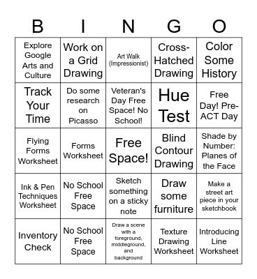 Art Bingo Week 11 & 12 Bingo Card