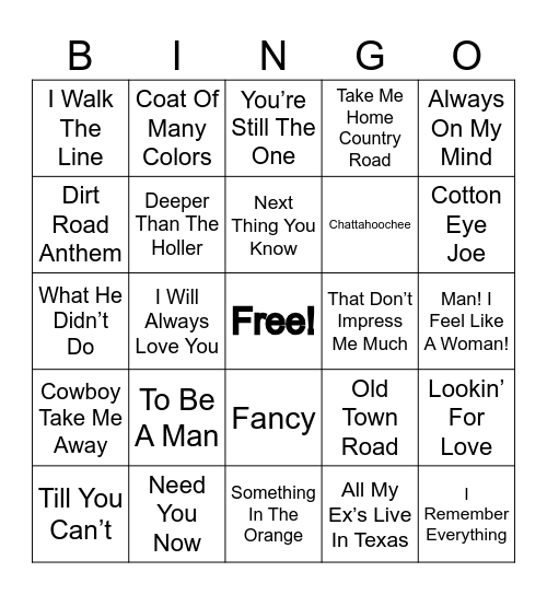 Country Music Bingo Card