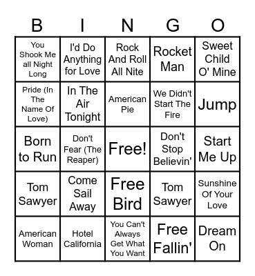 Classic Rock Anthems Bingo Card