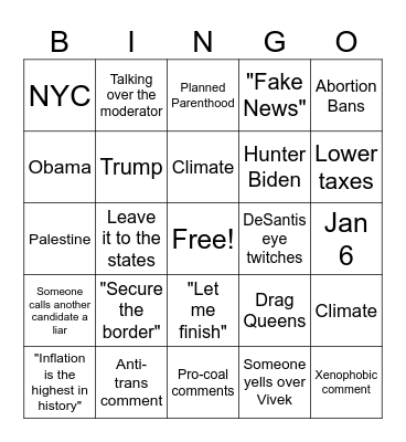 GOP Debate Bingo Card