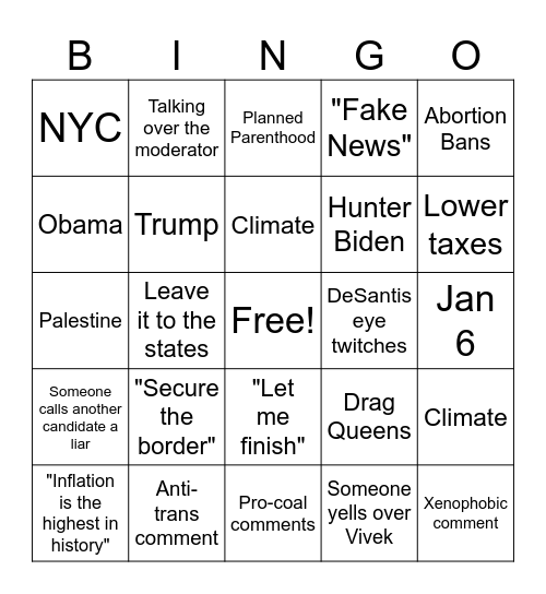 GOP Debate Bingo Card