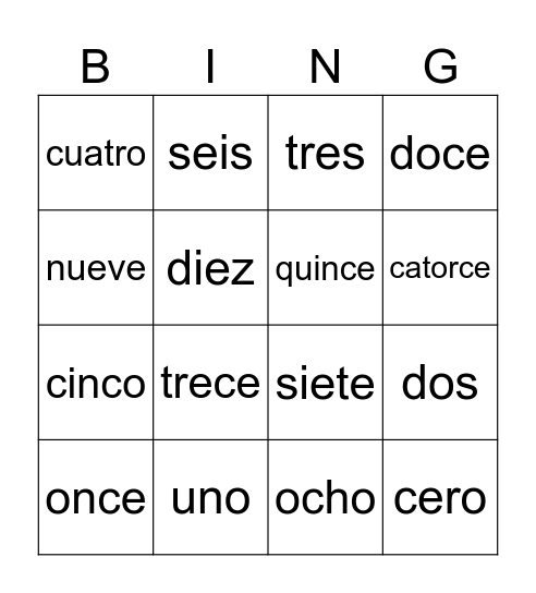 Los números hasta quince Bingo Card