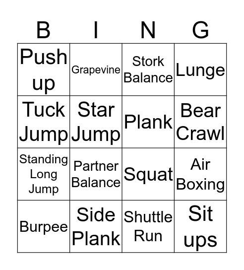 Fitness 1 Bingo Card