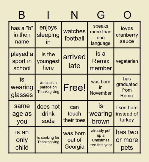 Thanksgiving BINGO Find The Guest Who... Bingo Card