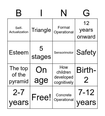 Maslow and Piaget Bingo Card