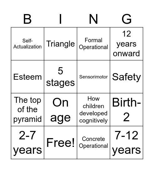 Maslow and Piaget Bingo Card