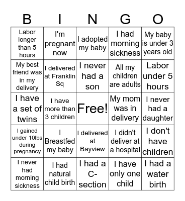 Tina's Baby Shower  Bingo Card