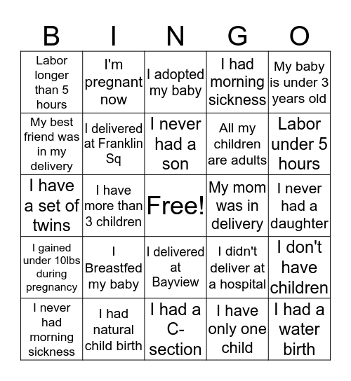 Tina's Baby Shower  Bingo Card