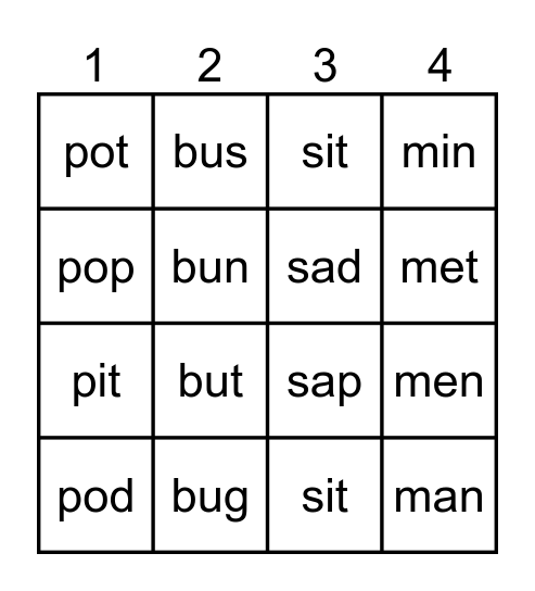 Look Alike Words Bingo Card