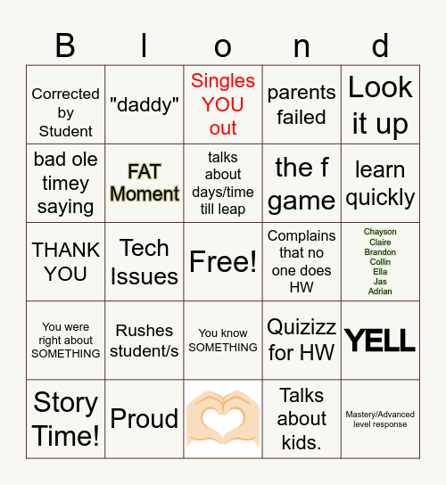 Blonde Bingo Card