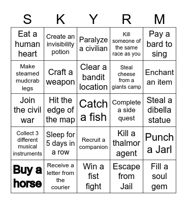 Skyrim Bingo Card
