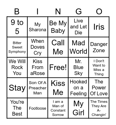 Hits From The Movies Bingo Card