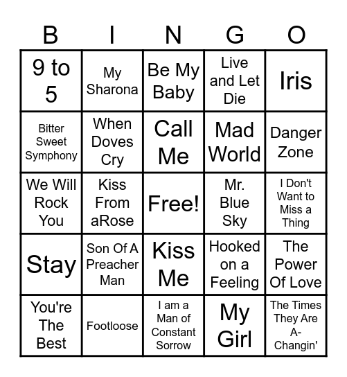 Hits From The Movies Bingo Card