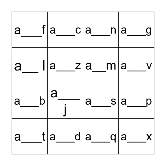VC Reading with 'a' Bingo Card