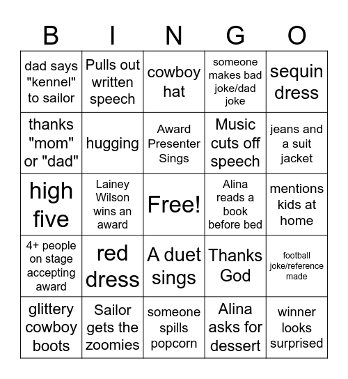 CMA Awards Bingo Card