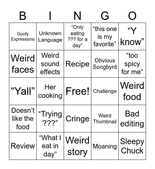 SongByrd Eating Show Bingo Card
