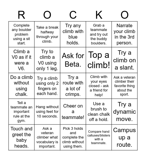 Rock Climbing Bingo Card