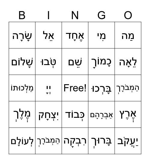 Basic Hebrew Prayer Words Bingo Card