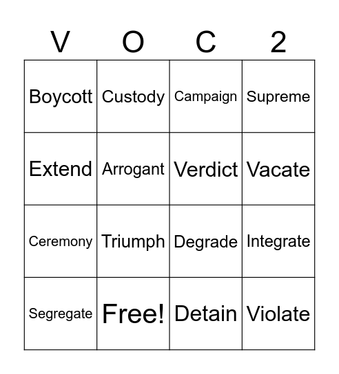 Woordly Wise 2 Bingo Card