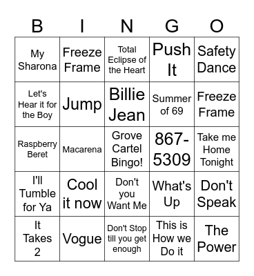 80's & 90's Music Bingo Card