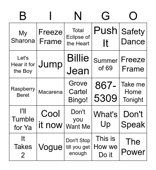 80's & 90's Music Bingo Card