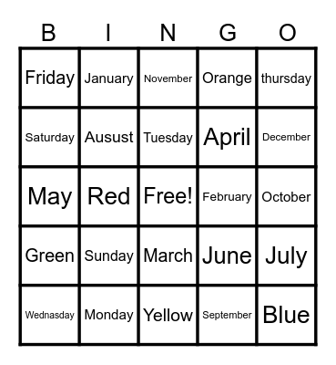 UDays and Monthsntitled Bingo Card