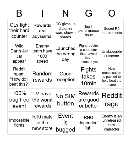 CG event Bingo Card
