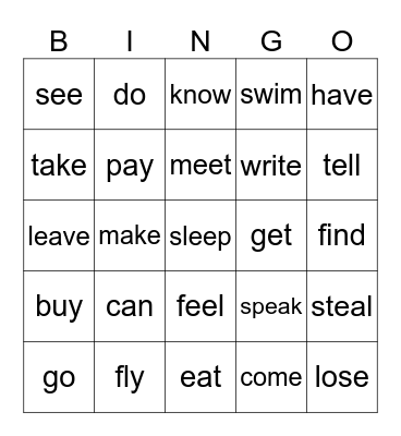 Irregular verbs Bingo Card
