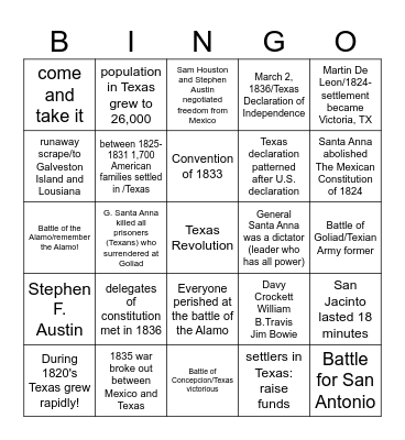 The Texas Revolution Bingo Card