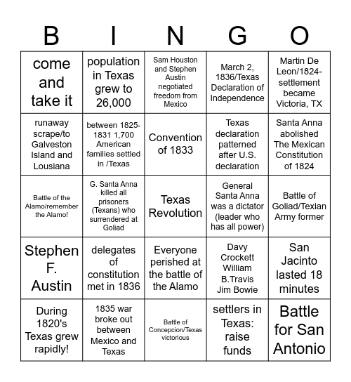 The Texas Revolution Bingo Card