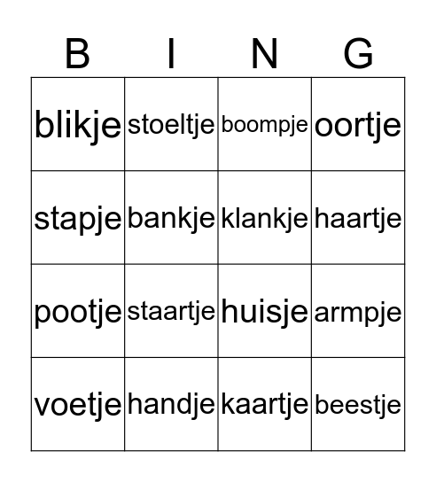 -je, -pje, -tje Bingo Card