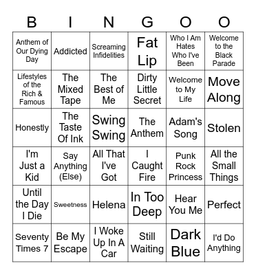 2000s Emo Bingo Card