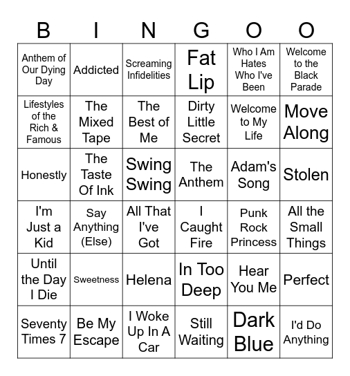 2000s Emo Bingo Card