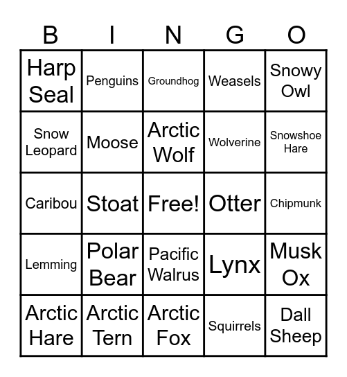 Winter Animals Bingo Card