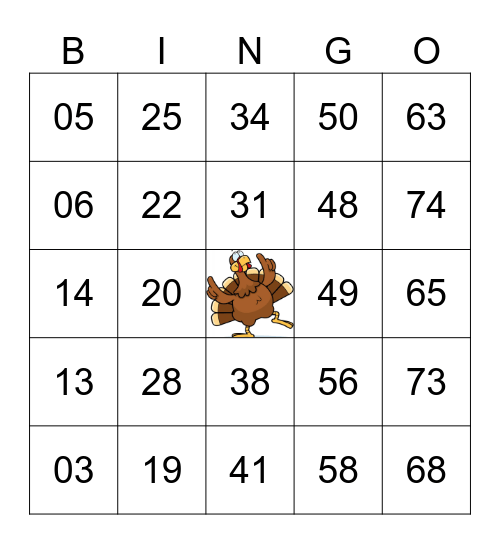 TURKEY BINGO Card