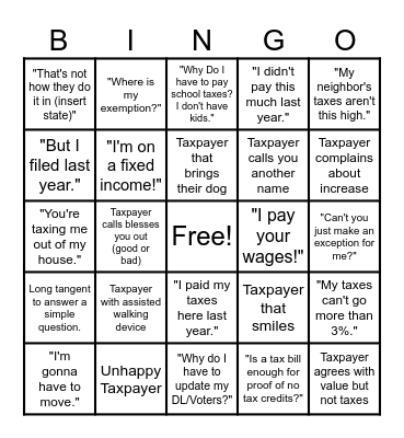 Taxpayer Bingo Card