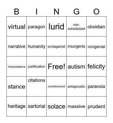 Vocabulary Bingo Card