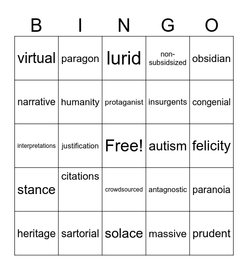 Vocabulary Bingo Card