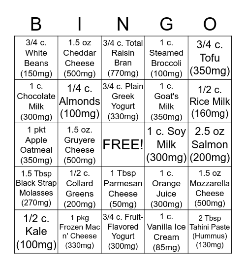 Daily Calcium Counter Bingo Card