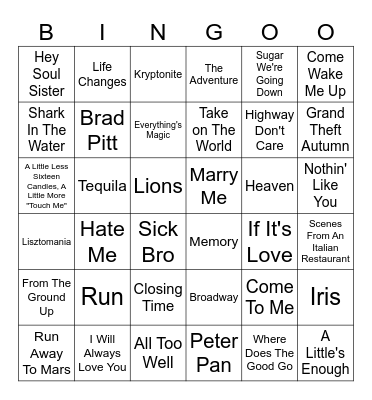 Our Relationship through Songs Bingo Card