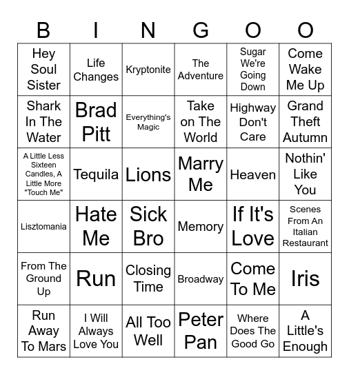 Our Relationship through Songs Bingo Card