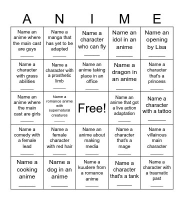 Anime Bingo Card