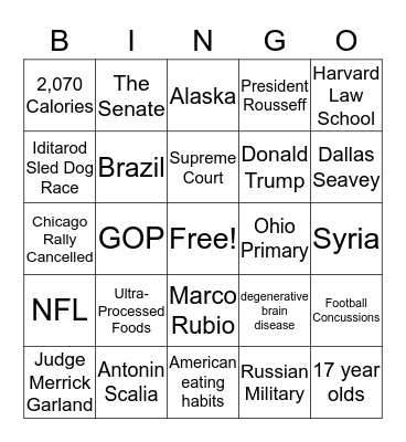 March 18, 2016 Bingo Card