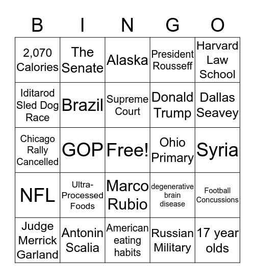 March 18, 2016 Bingo Card