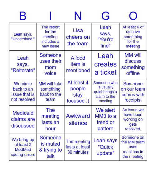 Billing Meeting Bingo updated 1/3/2024 Bingo Card