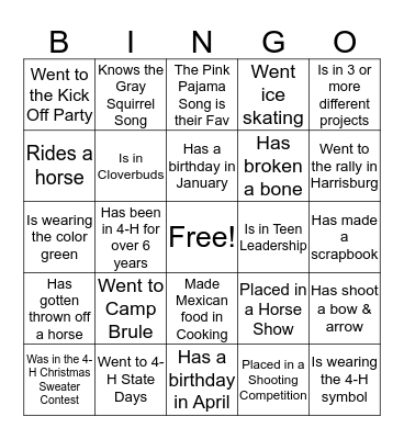 4-H Bingo Card