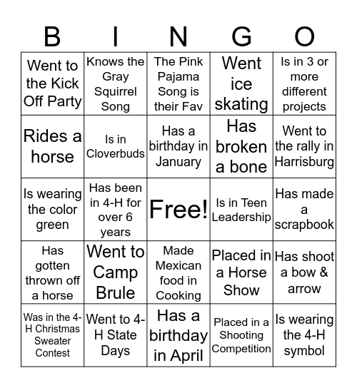 4-H Bingo Card